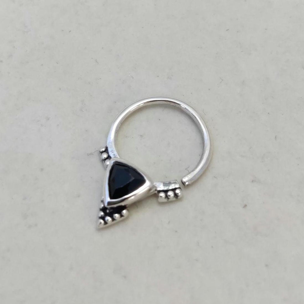 Silver septum nose ring with black gemstone