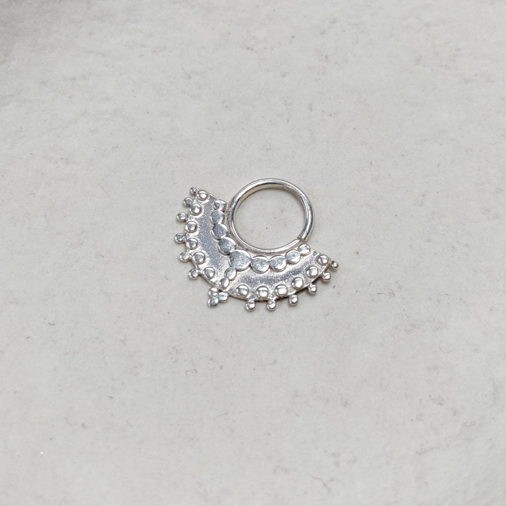 Large silver septum with ornamental details, displayed on a white background.