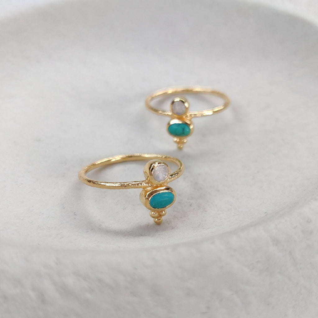 Gold rings with turquoise stones on a white plate