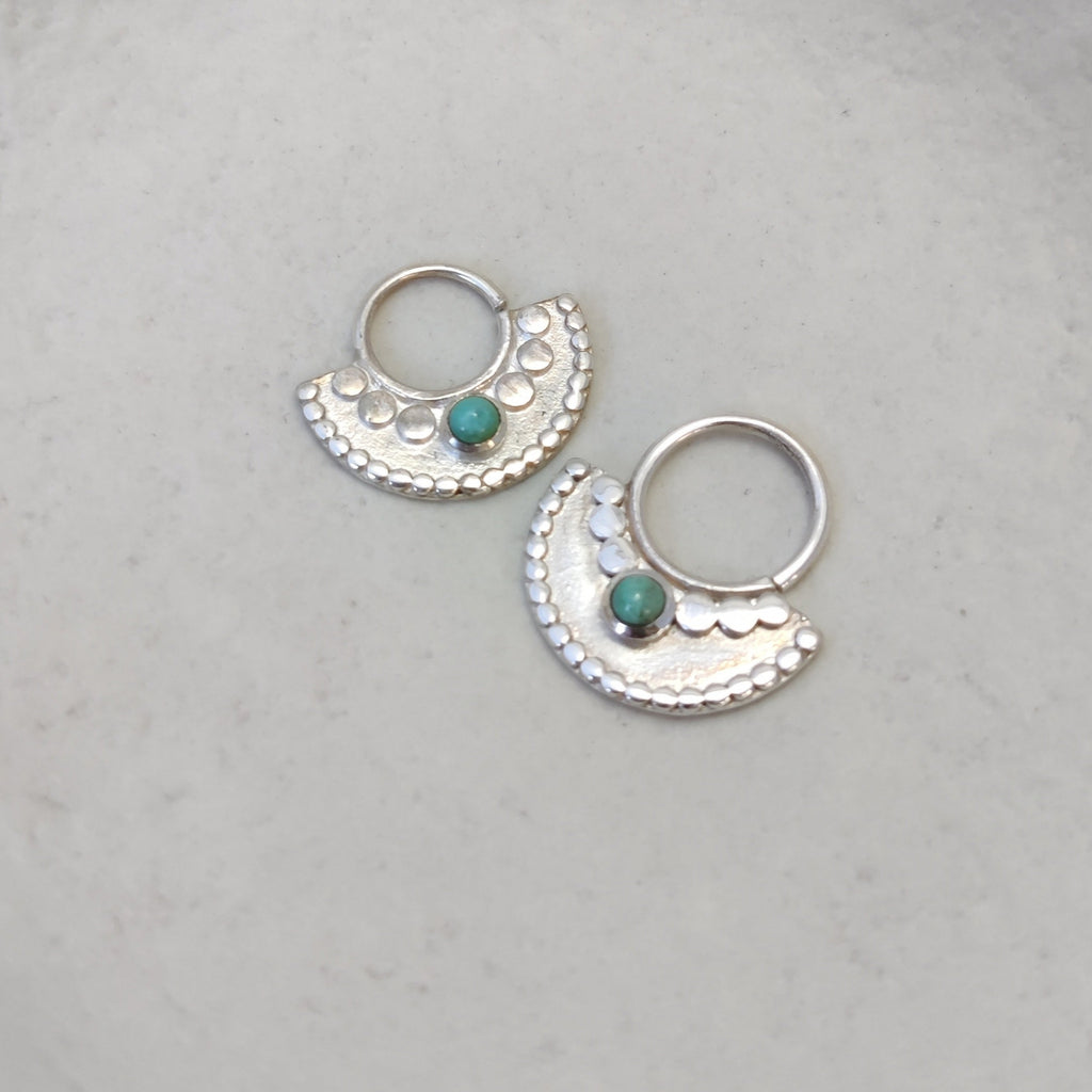 Silver septum jewelry with turquoise, displayed side by side to compare 8 mm and 10 mm diameter.