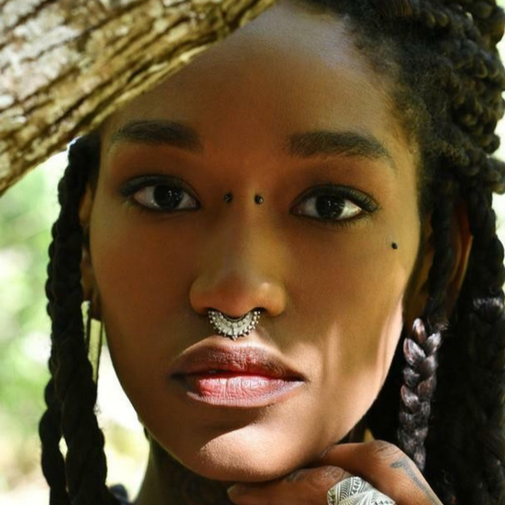 ancient septum nose ring, sterling silver on model