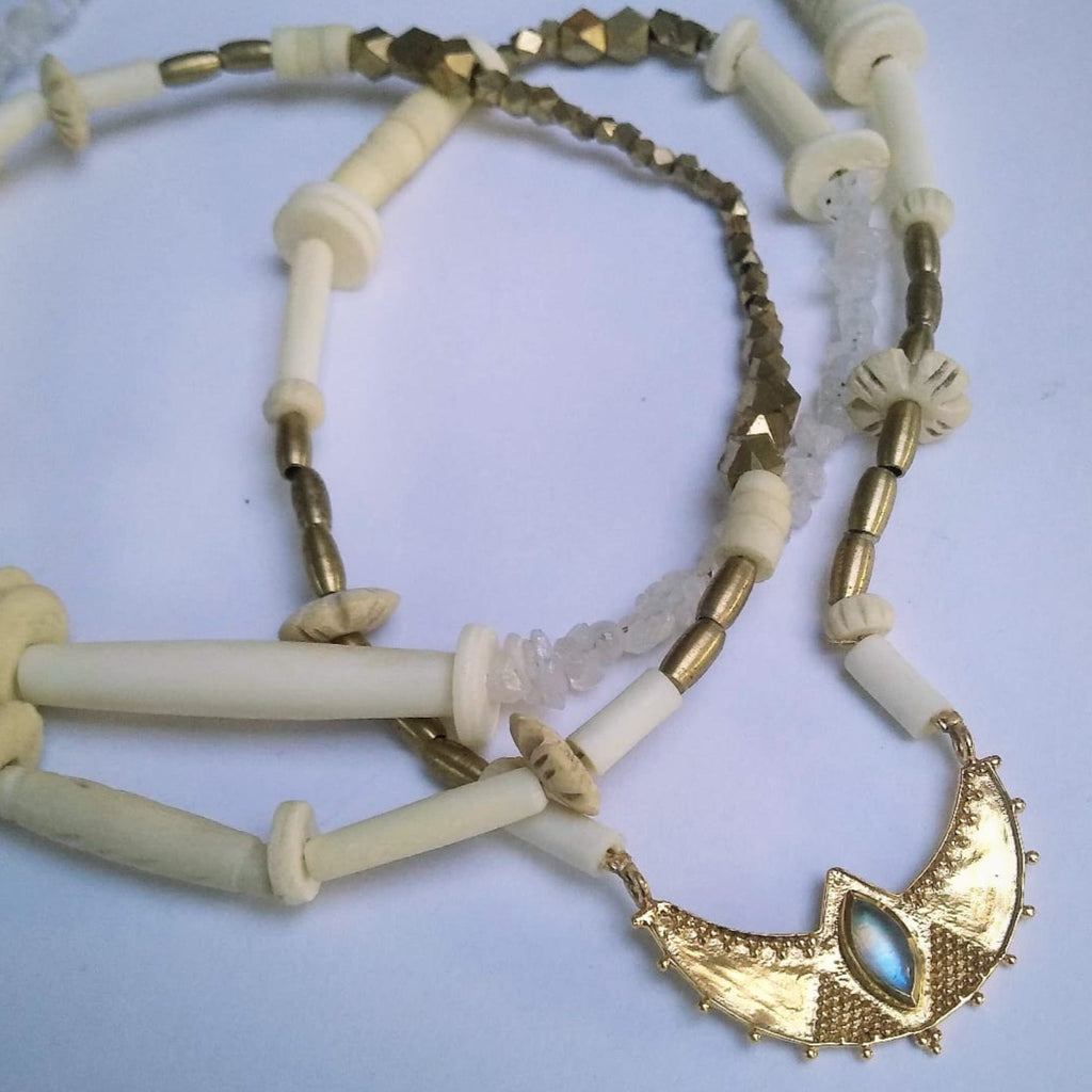 long beaded necklace white brass