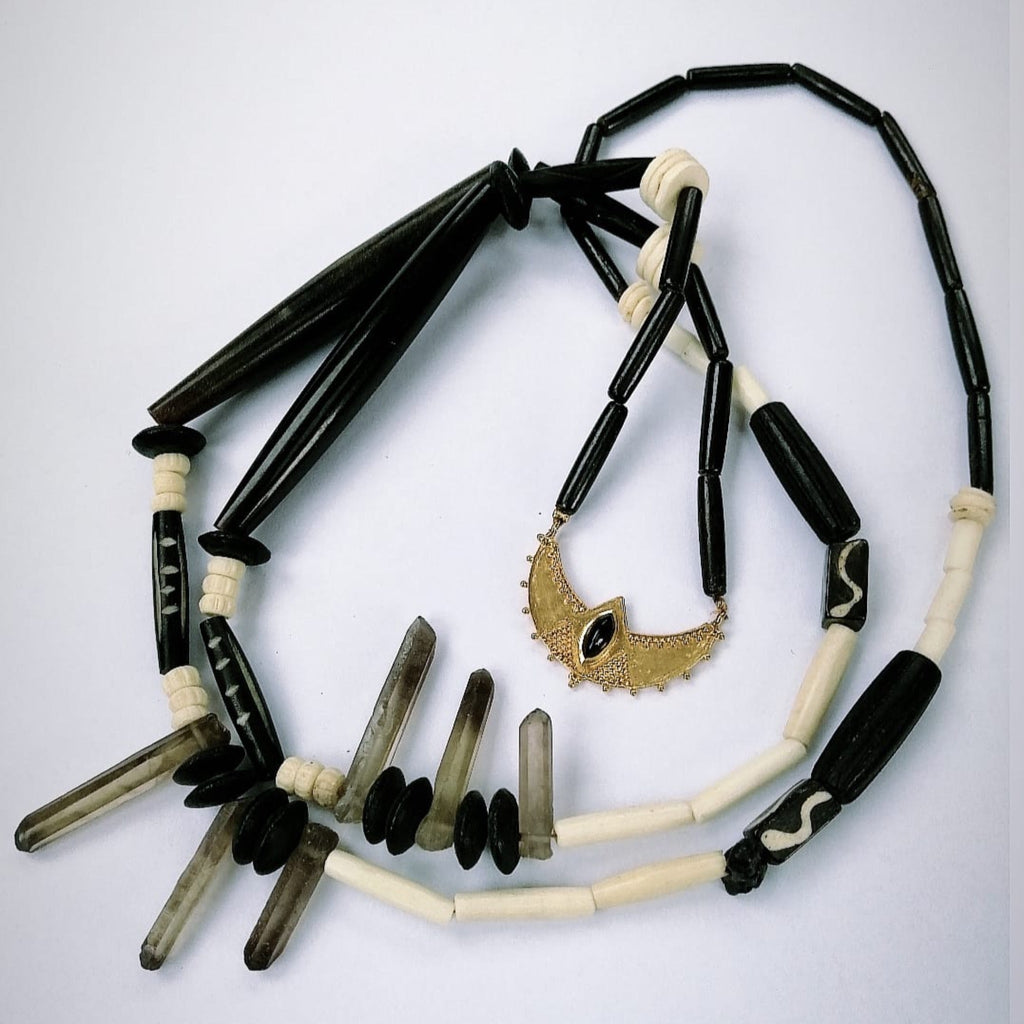long beaded necklace black onyx brass