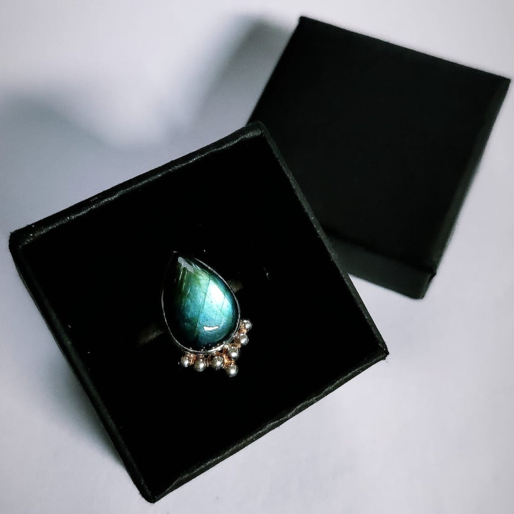 labradorite ring drop-shaped crafted from sterling silver