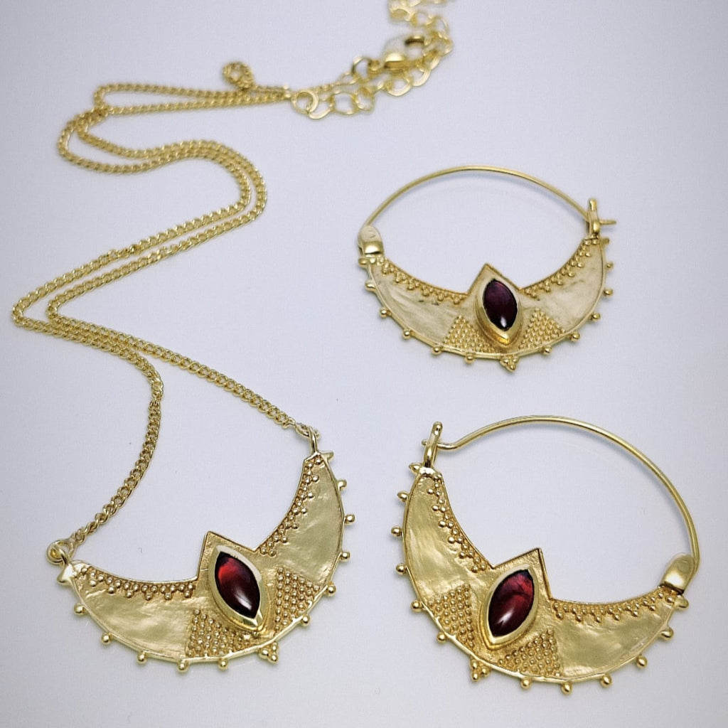 crescent necklace and earrings with garnet, matching set