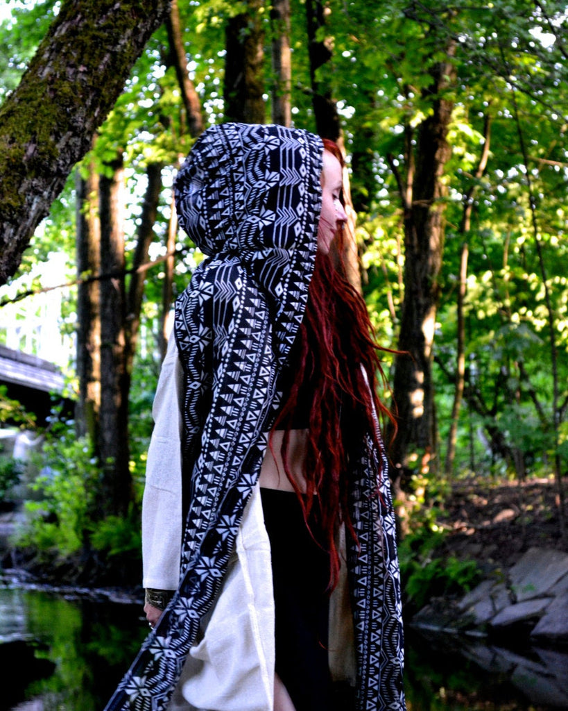 Tribal hood scarf on model.