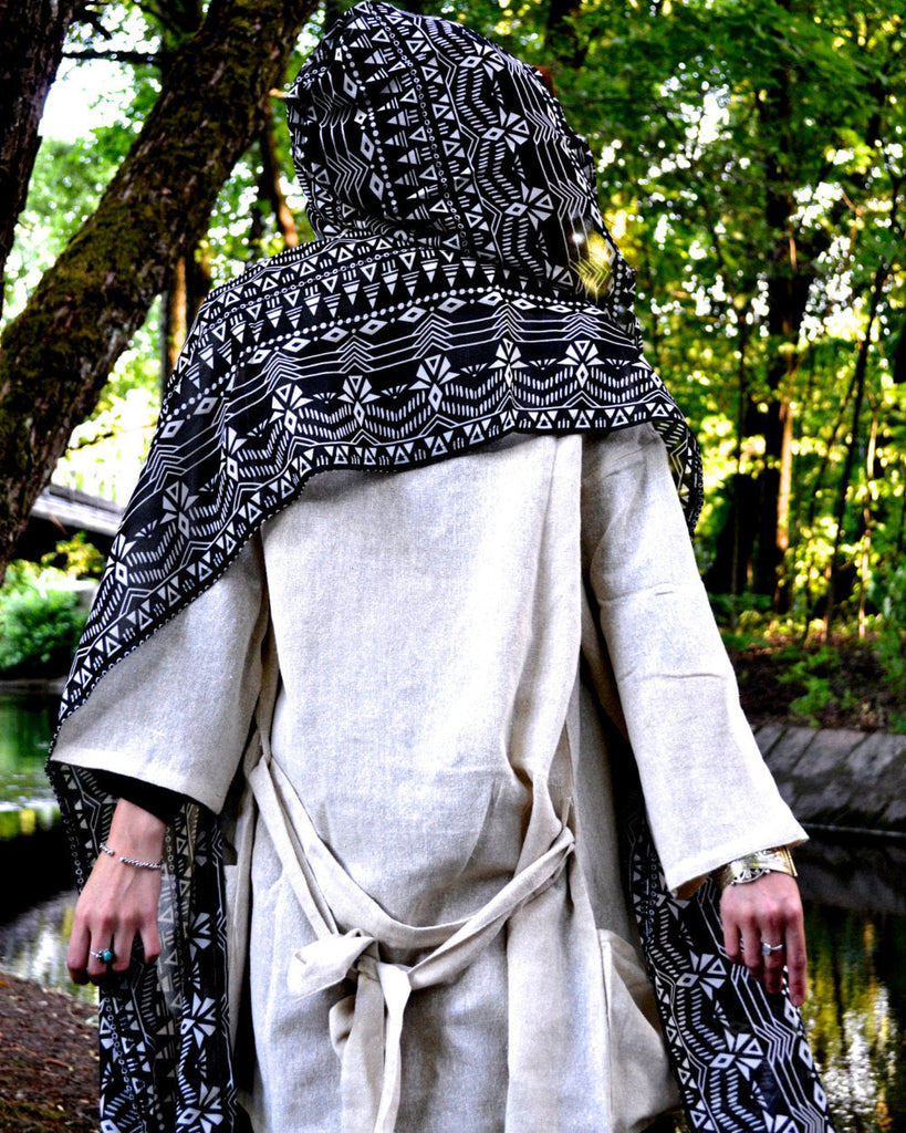 Tribal hood scarf on model, from the back.