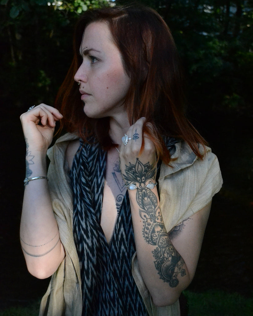 Raw silk hood scarf on model, with hood down.