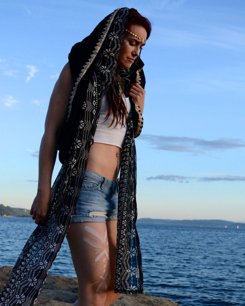 Tribal hood scarf on model.