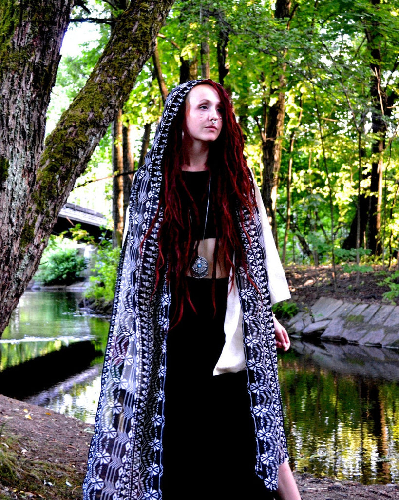 Tribal hood scarf on model.