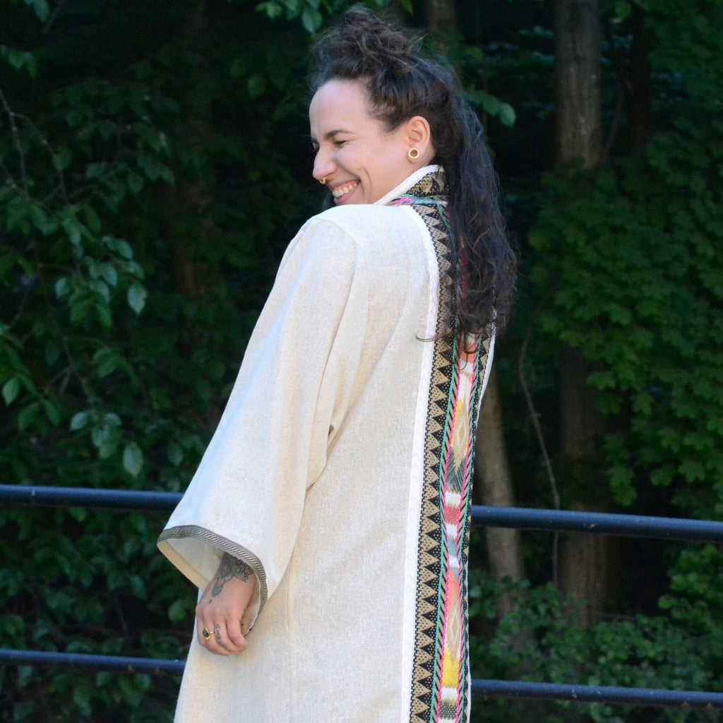 Long Kimono Raw Silk with wide sleeves & Tribal details⎜One of a kind