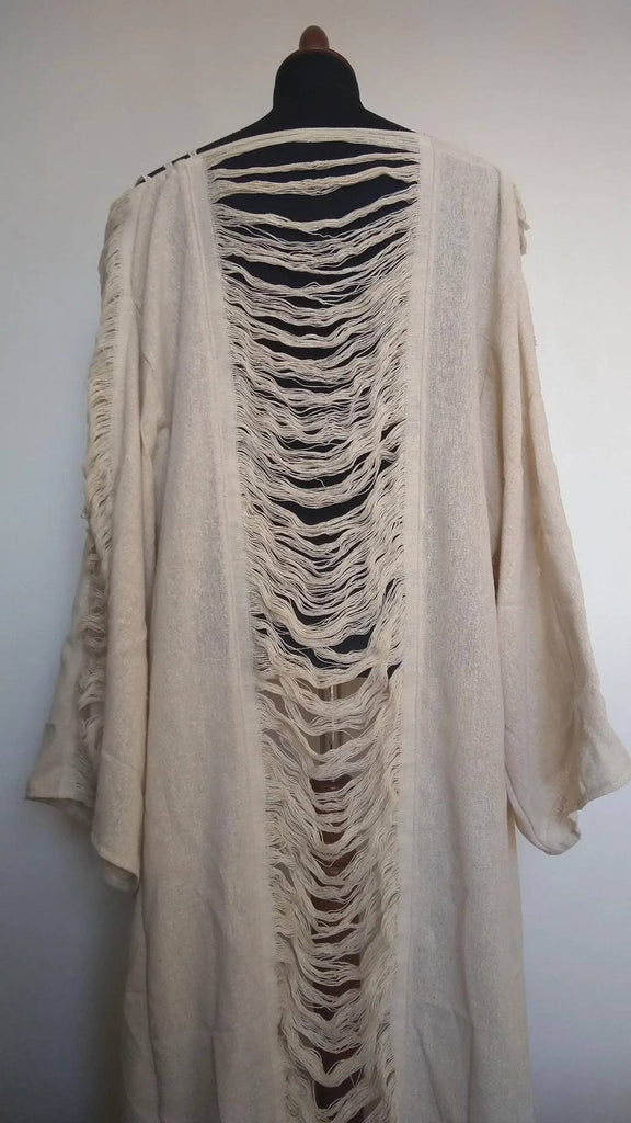 Long Kimono Raw Silk with wide sleeves & shredded details⎜One of a kind