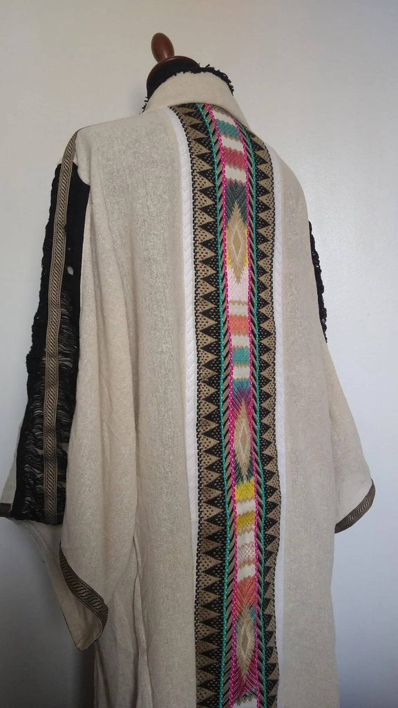 Long Kimono Raw Silk with wide sleeves & Tribal details⎜One of a kind