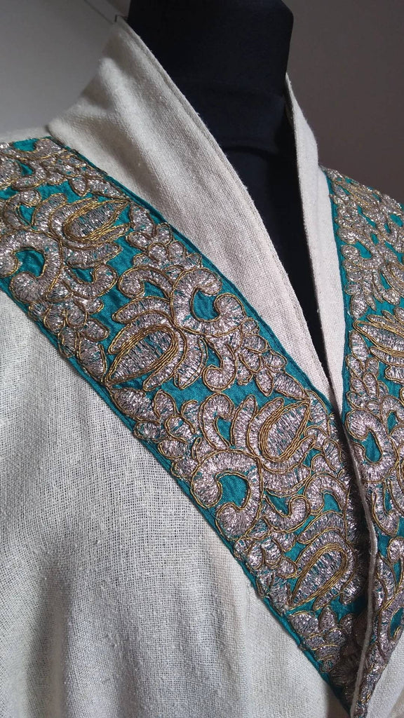 Long Kimono Raw Silk with wide sleeves and turquoise, silver and gold details.