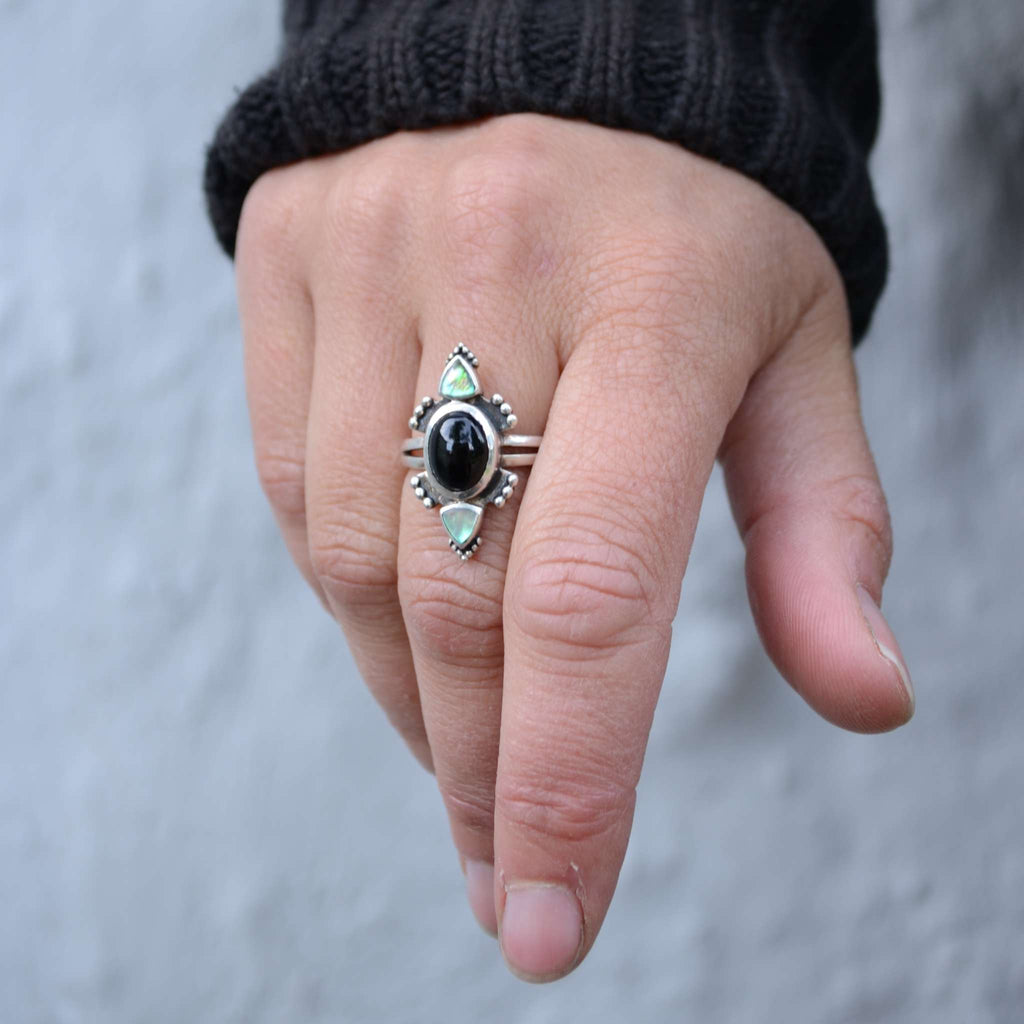 sterling silver ring black onyx abalone shell