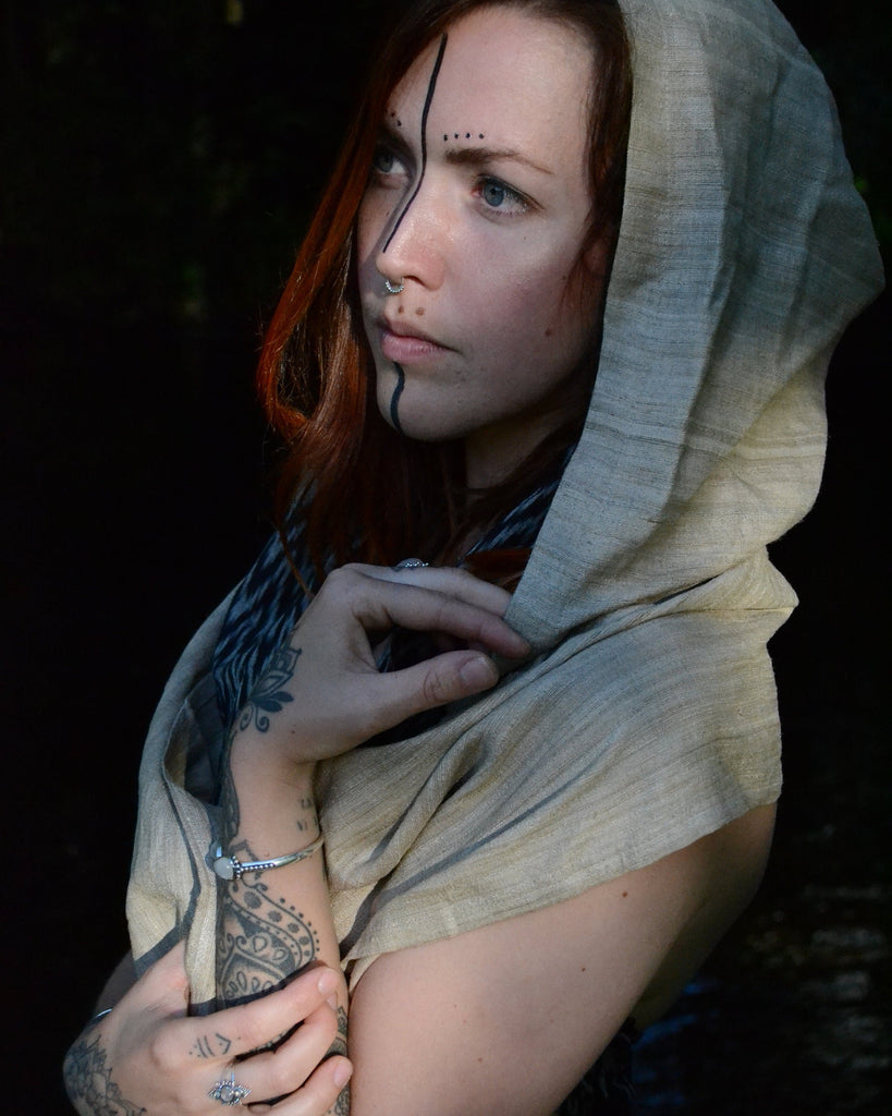 Hooded silk scarf on model.