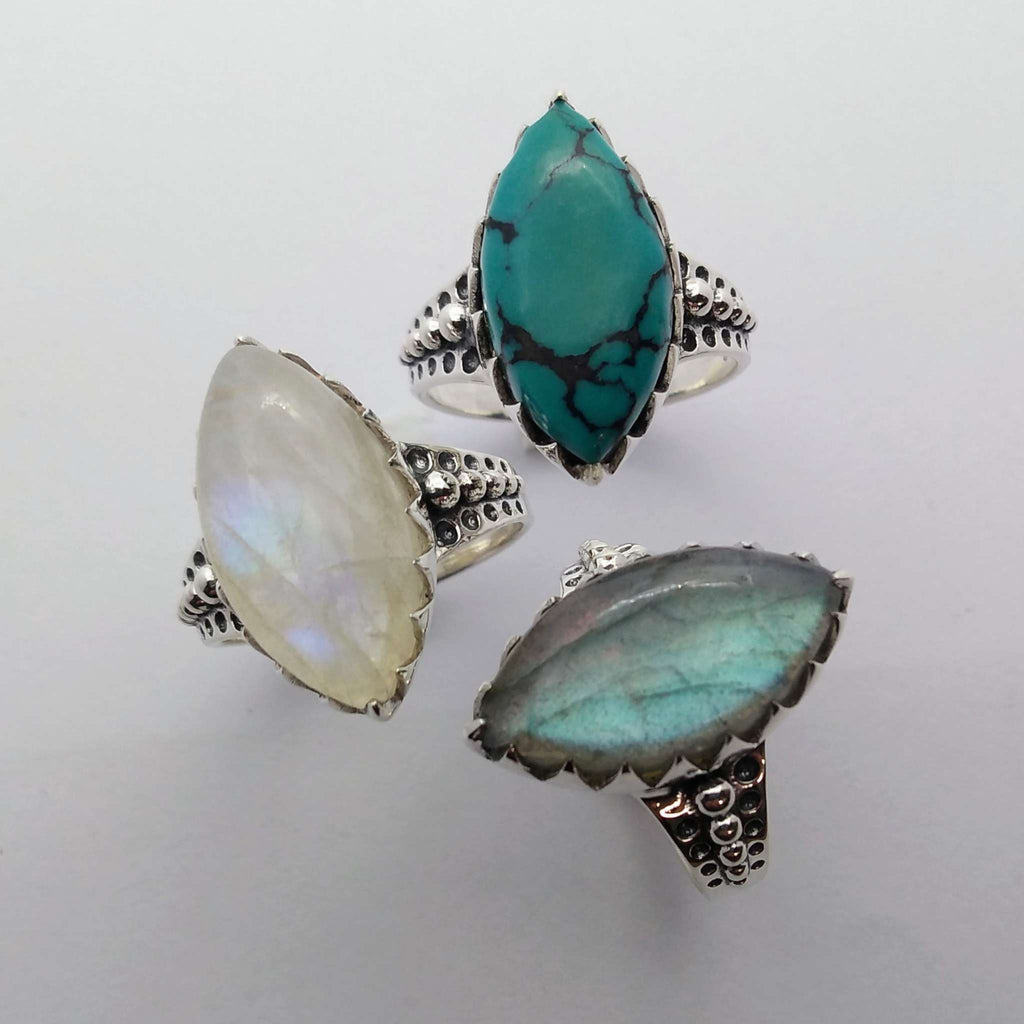 silver rings gypsy boho style moonstone turquoise labradorite